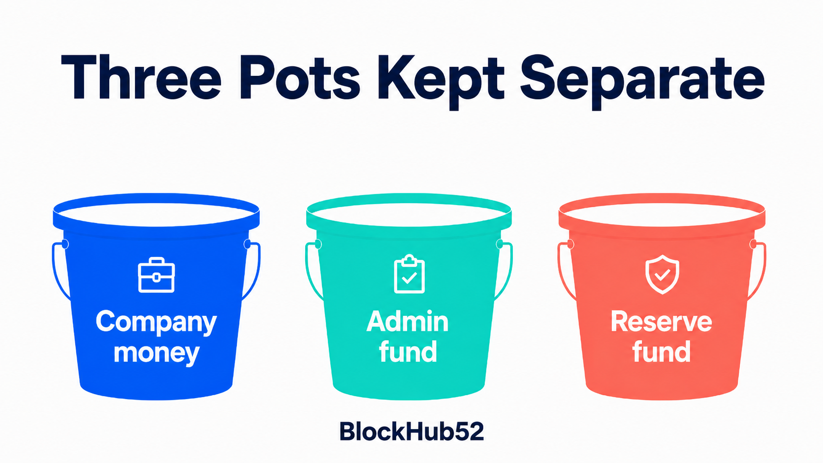 Three pots of money kept separate: the company's own money, the admin fund and the reserve fund, each accounted for on its own